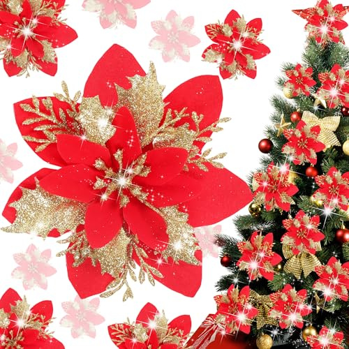 15 Pieces Glitter Poinsettia Christmas Decorations,Artificial Flowers Christmas Tree Ornaments,for New Year Wedding Xmas Wreath Home Party Decor (Red)