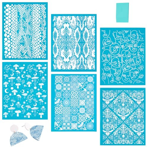 OLYCRAFT 6 Stil Siebdruckschablonen Für Polymer Ton 10x12.7cm Totenkopf Damast Tonschablonen Schlangenhaut Druckschablonen Wiederverwendbarer Netztransfer Mit 1 Teiligem Schaber Für Die Herstellung