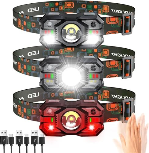 LED Head Torch Rechargeable ,【3 Pack】Super Bright 2000LM Headlamp, 20H Runtime 5+5 Modes Adjustable Headtorch with Motion Sensor, Waterproof Headlight with Red Light for Camping Fishing Cycling Hiking