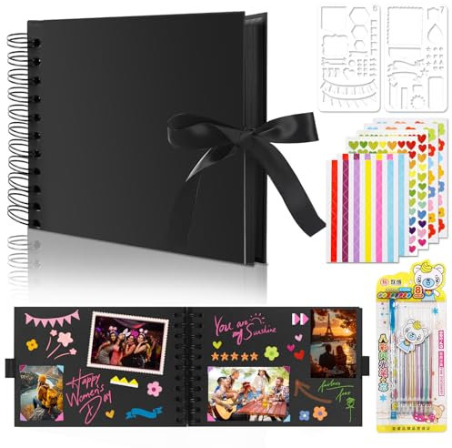 NVGVUP Fotoalbum zum Selbstgestalten, Scrapbook Fotoalbum A5 Schwarz, 60 Ringbuch Fotoalbum zum Einkleben, DIY Photo Album für Baby Familie Hochzeit Geburtstag Abschluss, mit Blitzstift Farbaufkleber