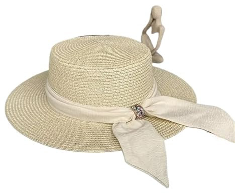 UALXPAO Chapeau de Soleil Chapeau Seau Plage été Chapeaux de Paille for Femmes Haut Plat Ruban nœud Papillon élégant Luxe Paille Femmes Chapeaux d'été(Beige)