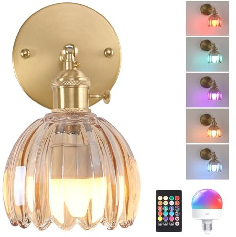 Vintage Battery Operated Wall Sconce, Rechargeable Wall Lamp with Remote Control & 12 RGB Colors - 3 Adjustable Color Temperatures, Dimmable Wireless Wall Lights for Bedroom Bathroom (Amber Tulip)