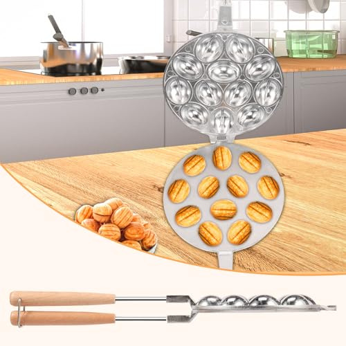 Gatphy Walnut Cookie Mold Maker Mon-Stick Walnut Cookie Presses with Wood Handle 12 Holes Oreshki Mold Maker Aluminum Alloy Walnut Cookie Molds for Dessert Nuts Oreshki Molding Baking(Silver)