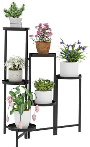 Outsunny Jardinera de 6 pisos con bandejas, jardinera plegable para interior, jardinera de metal, jardinera de varios pisos, escalera de flores de 80 cm de altura, columna de flores para balcón de