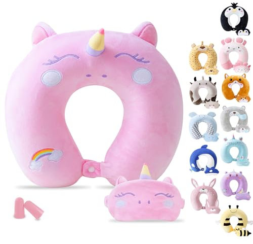 Cirorld Kids Travel Pillow Cute Neck Pillow Traveling Memory Foam Airplane Pillow with Sleep Mask Animal Flight Head Rest Neck Support for Cars Long Flights Sleeping Girls Boys-pink unicorn