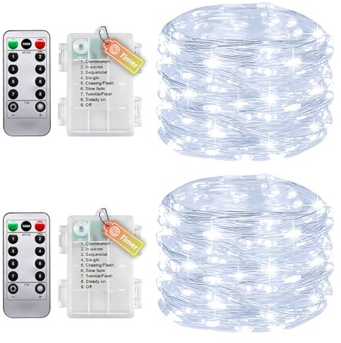 Molicar 2er Pack Lichterkette Draht Mit Timer Und Fernbedienung, 10M 100LEDs Kleine Lichterkette Innen Mit Batterie, IP65 Wasserdicht Für Schlafzimmer Hochzeit Weihnachten außen Party Dekoration