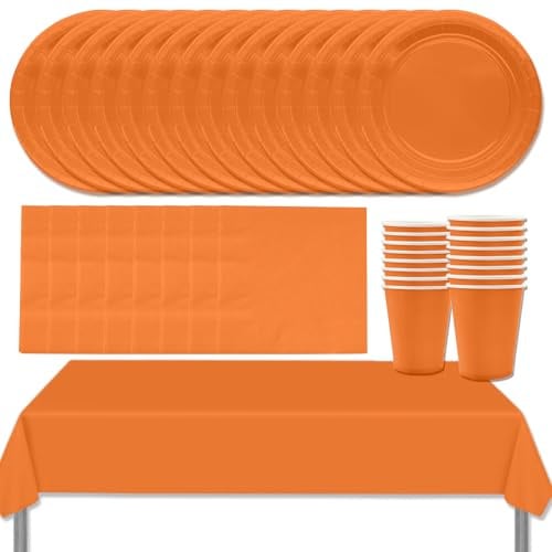 MOMAHUA Set di stoviglie per feste 53P, set di stoviglie arancione con piatti, tovaglia, tovaglioli, tazze, decorazioni da tavola in tinta unita per compleanni, matrimoni, picnic, baby shower