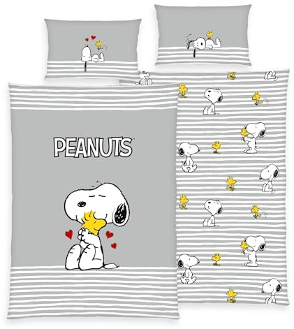 Wild South Shop Peanuts Bettwäsche Snoopy 40x60 + 100x135 cm, 100% Baumwolle, Renforcé mit Reißverschluss