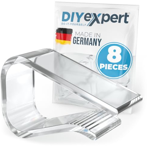 DIYexpert Tischtuchklammern Transparent Made in Germany [20-30 mm] [8 Stück] Stabile Tischdeckenklammern – Wetterfest & rutschfest – Tischklammern für Garten, Balkon & Innenbereich