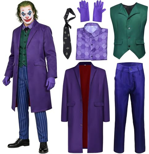 Joker Kostüm Herren,Clown Cosplay Outfit,Horror Clown Kostüm Herren,Cosplay Joker Anzug,Karneval Männer Bösewicht Kostüme,Halloween Killer Joker Outfit Set für Erwachsene Halloween Anzug