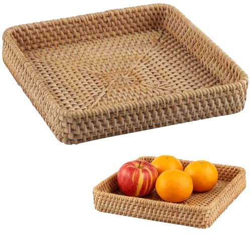 wocpvm Woven Square Storage Tray,Hand Wicker Tray Boho Decor | for Home, Kitchen & Living Room (8.26 x 8.26 x 1.57 inch)