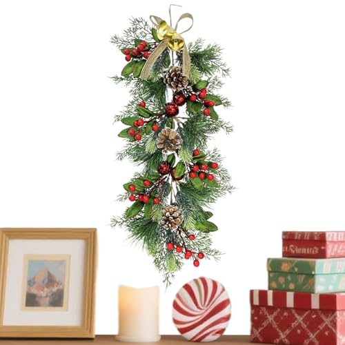 Weihnachtskranz aus Apfel, Deee Pin – 64 cm-Kranz mit Glöckchen Eet Schleifen, künstliche Herznote für einen Bauernhof, eine Veranda, eine Fensterbank und Uen