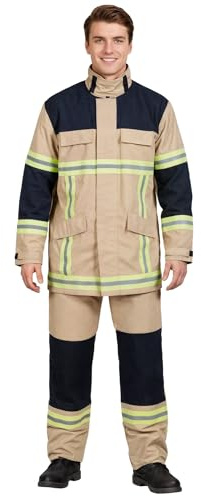 Maskworld Realistisches sandfarbenes Feuerwehrmann-Kostüm für Erwachsene mit Jacke & Hose - Größe: XXL - Verkleidung Karneval, halloween & motto-Party
