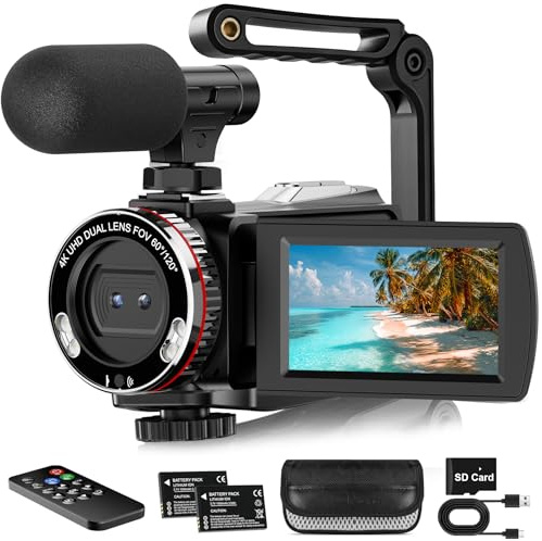 Vmotal Cámara de Vídeo 4K 64MP Grabadora de Fotos/Video 4K 60FPS, Videocámara Digital para Youtube Vlogging con Estabilizador de Mano/Micrófono/Tarjeta SD/2 Baterías/Control Remoto