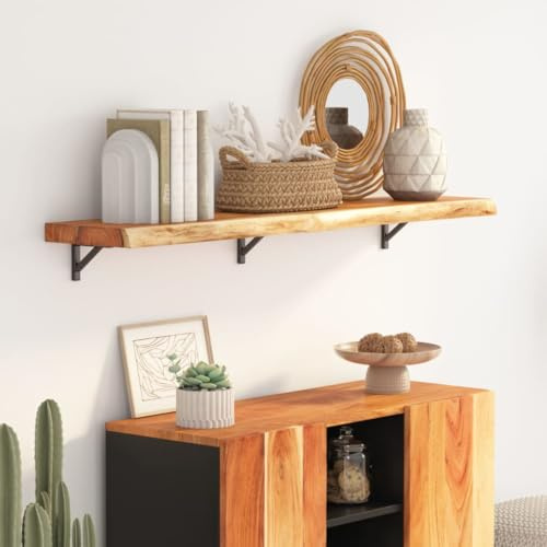 Yisssmeng Wandregal 120x20x2,5 cm aus Akazien-Massivholz mit Naturkante, Modernes Design & Robustheit für Büro, Schlafzimmer und Küche, Eckschreibtisch-Ablage oder Beistelltisch-Erweiterung