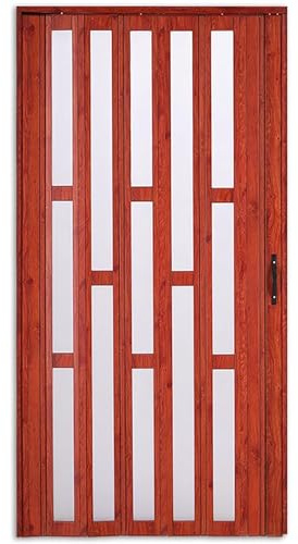 Porte pliante escamotable, Porte pliante en accordéon en aluminium, grain de bois, fenêtre en acrylique givré, intérieur rouge personnalisable(51x80in(130x203cm))