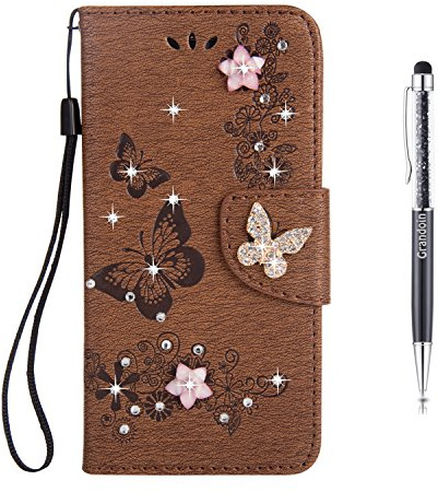 Grandoin iPhone 8 Plus Hülle,iPhone 7 Plus Hülle, Bling Glitzer Glitter Handyhülle im Brieftasche-Stil für Apple iPhone 7 Plus/iPhone 8 Plus Handytasche PU Leder Flip Cover Case (Braun)