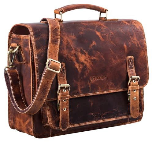 STILORD 'James' Leder Business Aktentasche für Herren Damen Vintage Umhängetasche mit 14 Zoll Laptop Fach große Ledertasche für Lehrer Büro und Arbeit, Farbe:kara - cognac