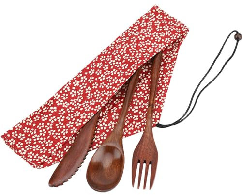 Bambus Geschirr Set, Japanischen Stil Wiederverwendbare Besteck Reisegeschirr Camping Besteck, Messer Gabel Löffel mit Roter Aufbewahrungstasche, Geschenkideen, Aufbewahrungstasche Inklusive