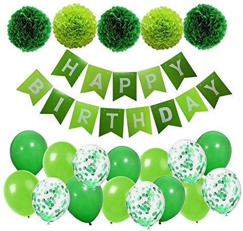 MAKFORT Geburtstagsdeko Grün Happy Birthday Girlande mit Pompoms und Luftballons Grün Konfetti Luftballons für Geburtstag Partydeko