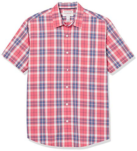 Amazon Essentials Men's Regular-Fit Short-Sleeve Poplin Shirt, Washed Red Windowpane, XXL