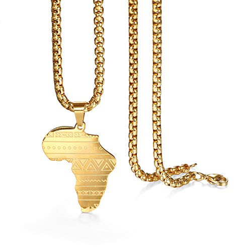Flongo Herren-Kette Männer Anhänger mit Afrika Landkarte aus Edelstahl Halskette Kette Gold Biker Herren-Accessoires