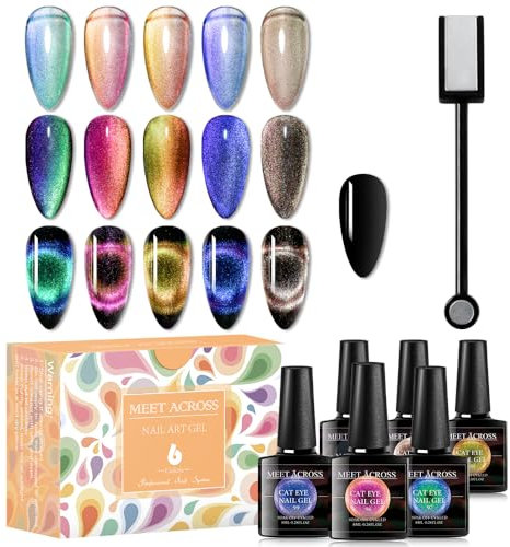 MEET ACROSS UV Nagellack Eye Cat Eye UV Gel Nagellack Set mit Magnet 6 Farben 9D Chamäleon Gel Set Reflektierend Magnetisch Set