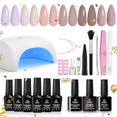 Beetles Gel Nail Polish Kit with LED Light Base & Top Coat - 6 Nude Neutral Gel Polish Colors - DIY Manicure Home Nail Essentials Gift Set