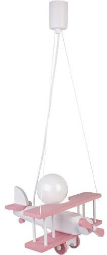 HELLUX Kinderzimmer Lampe Decke aus Holz | Deckenleuchten für Kinder | Kinderlampe Decke 70x29x32cm für Babyzimmer | Flugzeug Lampe E27 ohne Leuchtmittel (Rosa/Weiß)