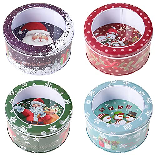 Hileyu 4 Pcs Christmas Tinplate Empty Tin Christmas Tinplate Box with Window Round Candy Box 7x14cm Christmas Cookie Gift Tins Snowman Santa Claus Small Metal Tin for Biscuits Candy Chocolate Tea