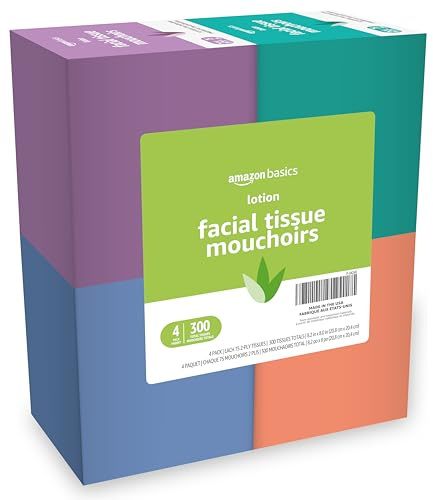 Amazon Basics Facial Tissues with Lotion, 2-Ply, 300 Count (4 Boxes, 75 Tissues per Box), Packaging May Vary