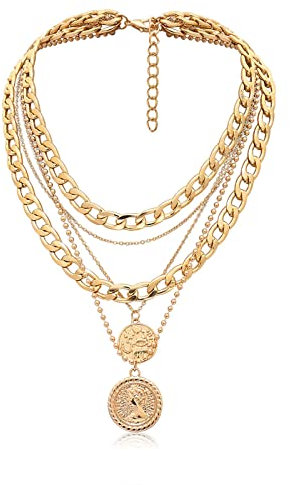 Sttiafay Punk Chunky Chain Necklace Exaggerated Layered Cuban Link Chain Necklace Multilayer Carved Coin Pendant Necklaces Thick Choker Jewelry for Women (Gold)