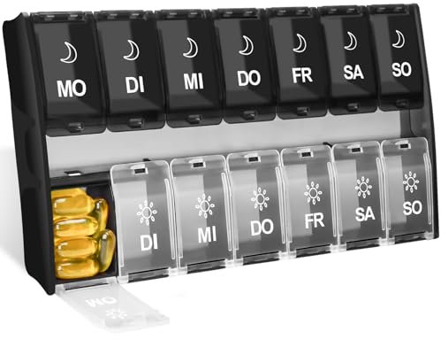 Tablettenbox 7 Tage Morgens Abends, Pillendose 7 Tage 2 Fächer, Medikamentenbox Große Fächer, Pillenbox 14 Tage Für Fischöle, Vitamine, Kapseln(Schwarz)