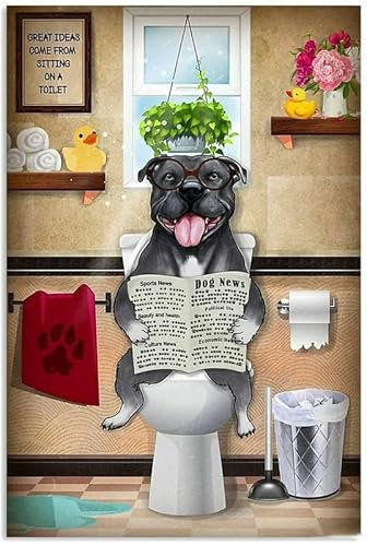 Blechschild, Motiv: Pitbull Hund ist lesen Zeitung in Toilette, Vintage-Blechschild, Wandkunst, lustiges Geschenk für Küche, Bar, Wäsche, Heimdekoration, Metallposter