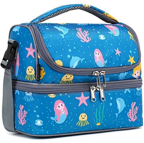 FlowFly Double Decker Kühltasche Isolierte Lunchtasche Große Tragetasche für Jungen, Mädchen, Herren, Damen, mit verstellbarem Riemen (Blau-Meerjungfrau)