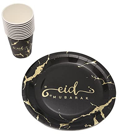 Al-Muallim Books Eid Mubarak Paper Plates Cups Napkins Party Tableware Set 10 Pack - Disposable Cutlery Supplies (Black & Gold Marble with Gold Foil (10 Pack) - Plates + Cups (NO NAPKINS))