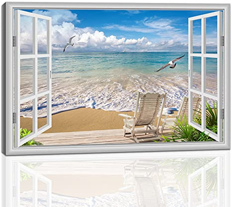 Large Beach Pictures Wall Art Canvas Print Artwork Blue Ocean Seascape Window frame Decor Living Room Bedroom Office 24 x36