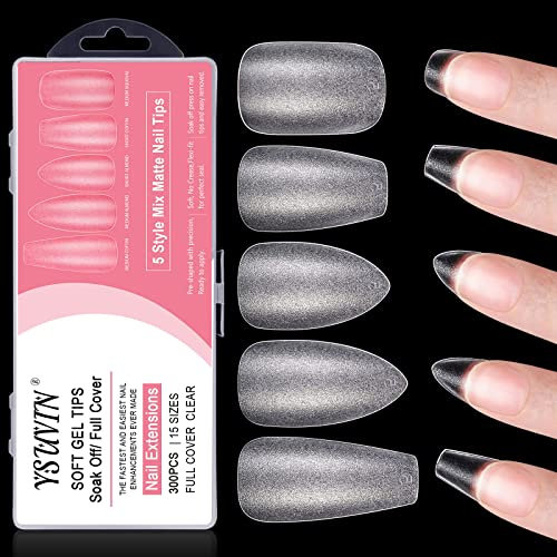 YSUVIN Nageltips 300 Stück 15 Größen Fake Nails Transparent, Künstlich Nagelspitzen Nails Tips, Full Coverage Fake Nail Extension, Ballerina/2 Almond/Kurzer Square/Kurz Sarg