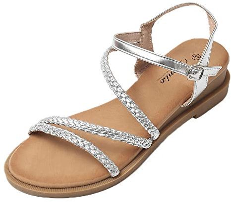 JOMIX Sandali Donna Estive Zeppa Eleganti Comodi Sandali Pelle Sintetivo con Tacco Largo SD8267-11 (Argento, 38)