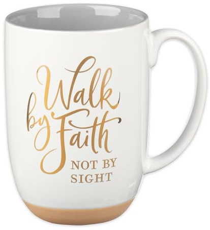 Christian Art Gifts White Clay Base Ceramic Coffee Mug – 15 oz. Lead and Cadmium-free Inspirational Scripture Coffee and Tea Mug for Men and Women with Bible Verse: Walk by Faith – 2 Corinthians 5:7