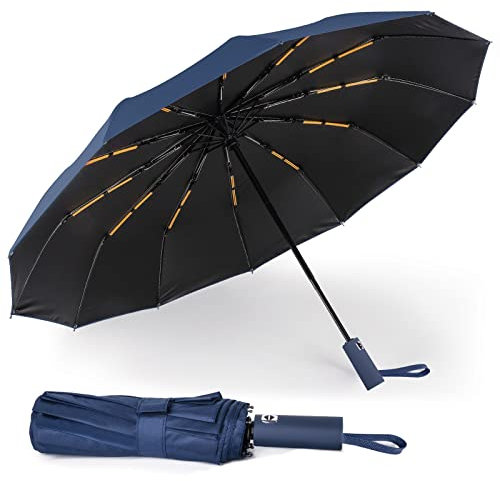 LAMA Regenschirm Auf-Zu Automatik Klappschirm Taschenschirm Winddicht mit Extra Robust 12 verstärkte Rippen Sturmfest Golfschirm 210T Nylon Schirm Anti-UV Reiseschirm Faltbarer Regenschirm, Dunkelblau