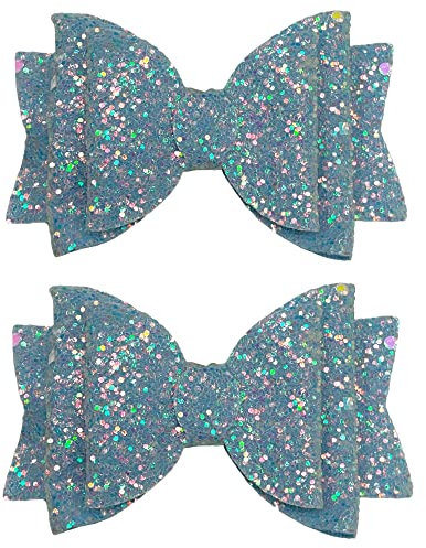 Light Blue Beautiful Glitter Hair Bows Clips Slides Grips for Woman Girls Handmade 3.5 inch - 2 Pack