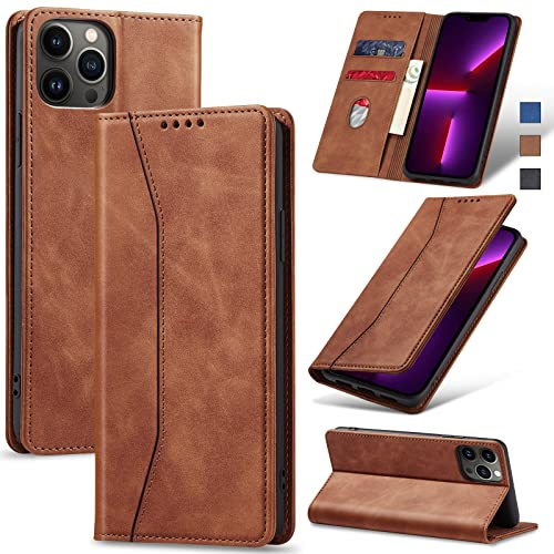 Jasonyu Handyhülle für iPhone 13 Pro Max, PU Leder Flip Klapphülle, Braun | Magnetische Schutzhülle, Ständer, Kartenfächern, Klappbar, Stoßfeste TPU Stoßsicher Hülle
