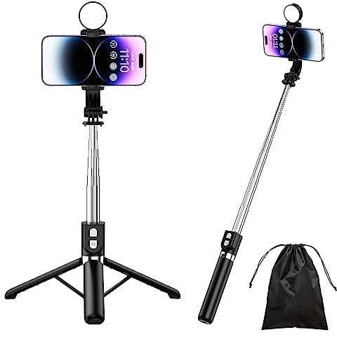 H.May Selfie Stick, 4 in 1 Stable Tripod Stand with Fill Light, 50 Reinforced Stable Phone Tripod with Rechargeable Wireless Remote Compatible with iPhone 14 Galaxy GoPro Huawei Smartphone