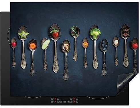 KitchenYeah© Herdabdeckplatte Einteilig Küche Ceranfeld Abdeckplatte Cerankochfeld Abdeckung Induktionskochfeld Schutzmatte Gewürze - Löffel - Silber - Gewürz - Industrial - 70x52 cm