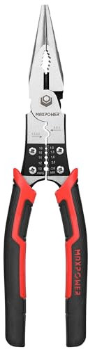 Multifunctional Long Nose Pliers, MAXPOWER 6-in-1 Needle-Nose Pliers with Function of Polishing File, Wire Stripper, Wire Crimper, Wire Cutter, Winding, Twisting or Gripping