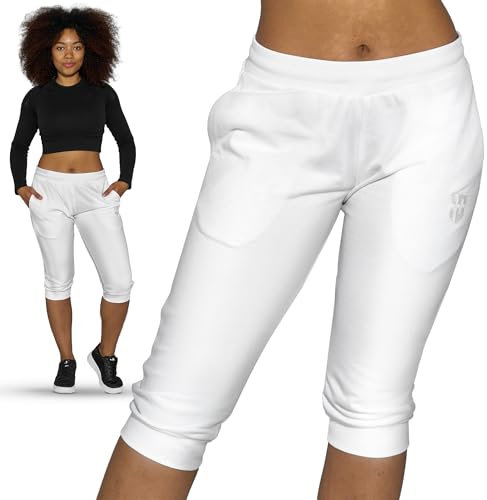 Gennadi Hoppe Damen ¾ Hose kurz Caprihose Shorts Capri Sporthose Frauen Trainingshose Laufhose Fitness knielang Baumwolle wadenlang bequem leicht weich sportlich lässig Figurbetont weiße weiß XL H8444
