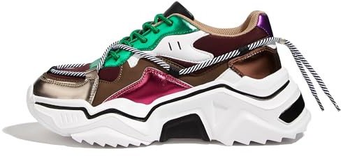 LUCKY STEP Baskets Femme à Plateforme – Chaussures Chunky Dad Rétro, Baskets à Blocs de Couleurs pour Usage Quotidien et Promenades (Marron/coloré, 8US-38EU-5UK)