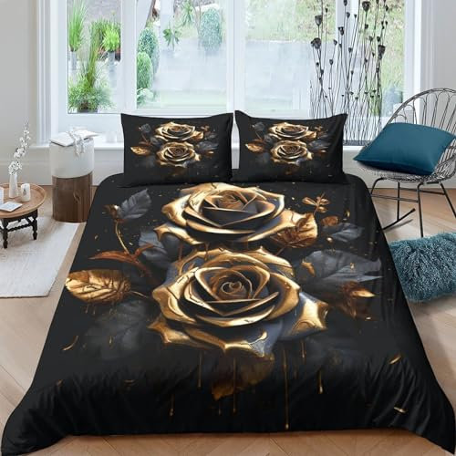 MekUk Black Gold Rose 3 Pieces Set Duvet Cover Set Single Size for Boys Girls Pattern Bedding Set Gold Leaf 3D Print Comforter Cover with Pillow Shams Microfiber Chic Cover Zipper King(220x240cm)