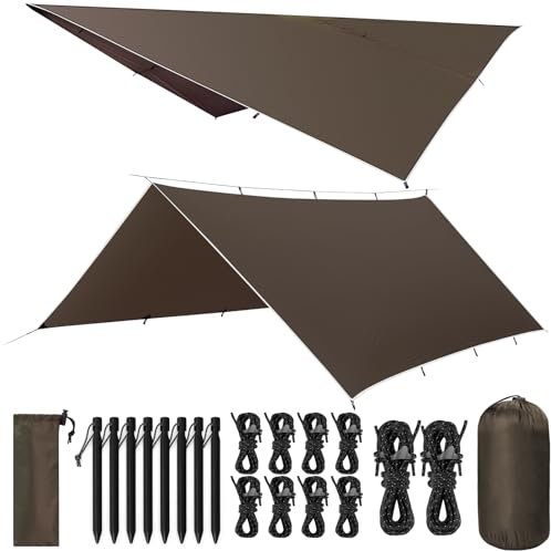 VOSOIR Toldo Camping 3X5M Impermeable, Ultraligero y Portátil Toldo de Refugio, Tienda de Campaña Hamaca, Protección UV, Anti Desgarro, Tarp para Picnic Pesca Camping Senderismo(Marrón Oscuro)